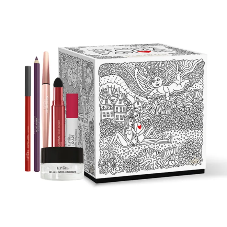 Euphidra Cofanetto di Natale Una Grande Storia D'Amore - Lip Art Rossetto + Matita occhi L0O9 prugna + Ombretto cushion + Matita labbra + Illuminante All Over + Eyeliner