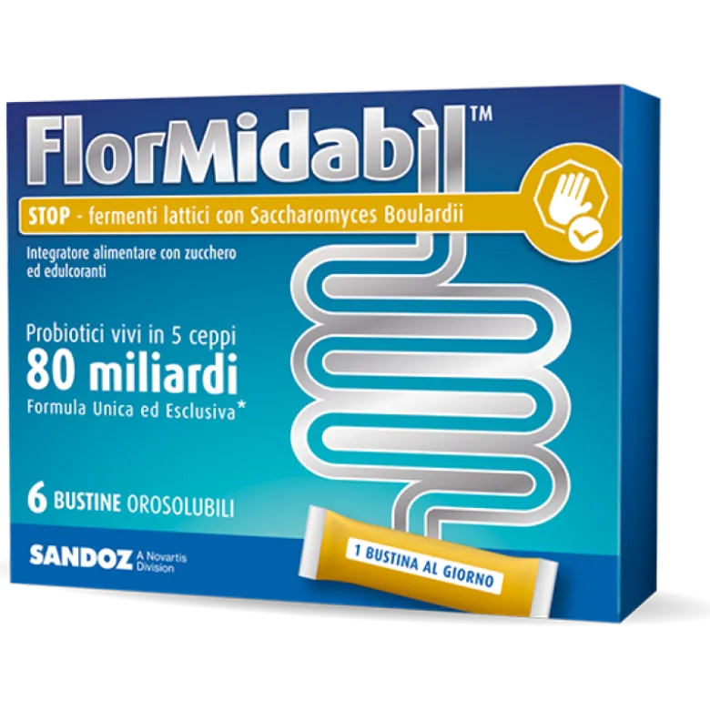 FlorMidabil Stop - Integratore per l'equilibrio della flora batterica intestinale - con Stevia - 6 bustine orosolubili