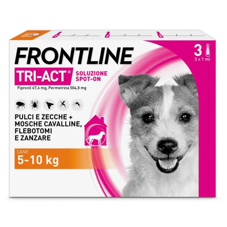 Frontline Tri-Act x3 Pipette, Antiparassitario Per Cani (5-10Kg) Contro Parassiti Esterni E Insetti Volanti