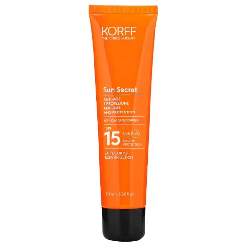 Korff Sun Secret Latte Protettivo Anti-Età SPF 15 - Latte solare resistente all'acqua adatto per il corpo - 100 ml